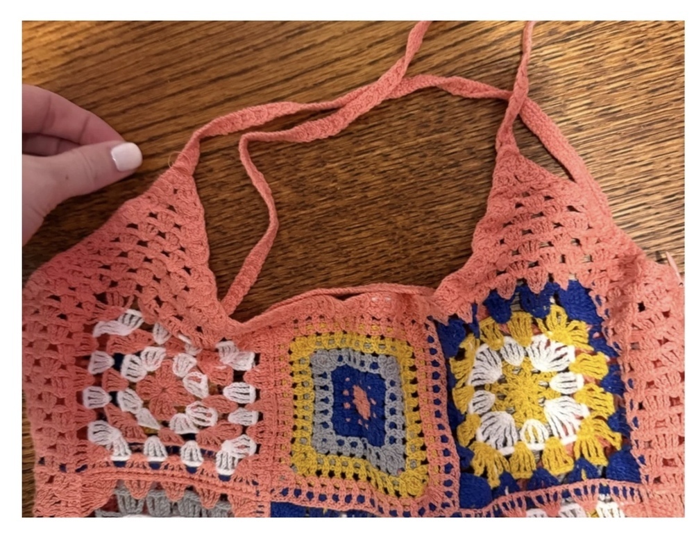 Bali Babe Crochet Maxi Dress in coral 🪸 and Multi color accent squares - Picture 3 of 4